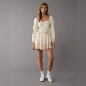 american eagle white mini dress AE Smocked-Back Pleated Mini Dress